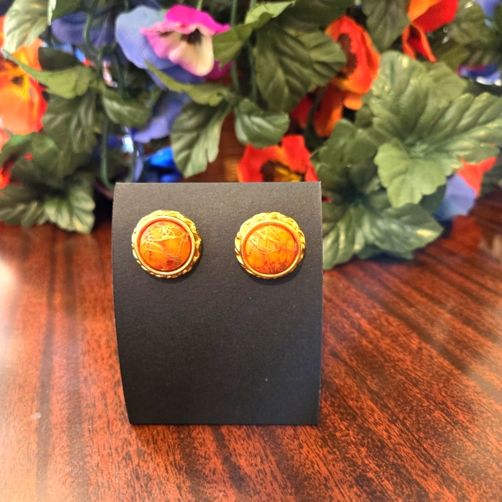 Vintage, Abstract, Goldtone Orange Button Pierced Earrings